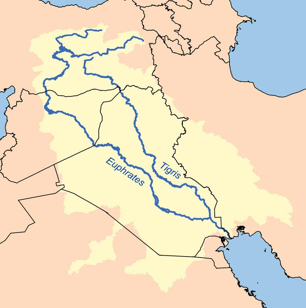 The wide blue Tigris River winding through Baghdad, with palm trees along its banks