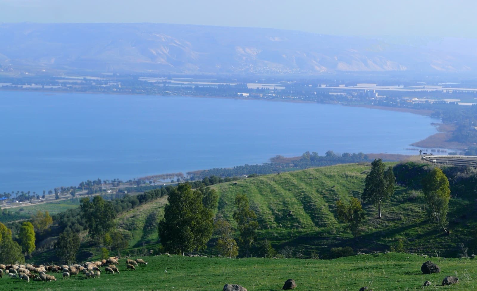 Calm blue water of the Sea of Galilee with green hills behind