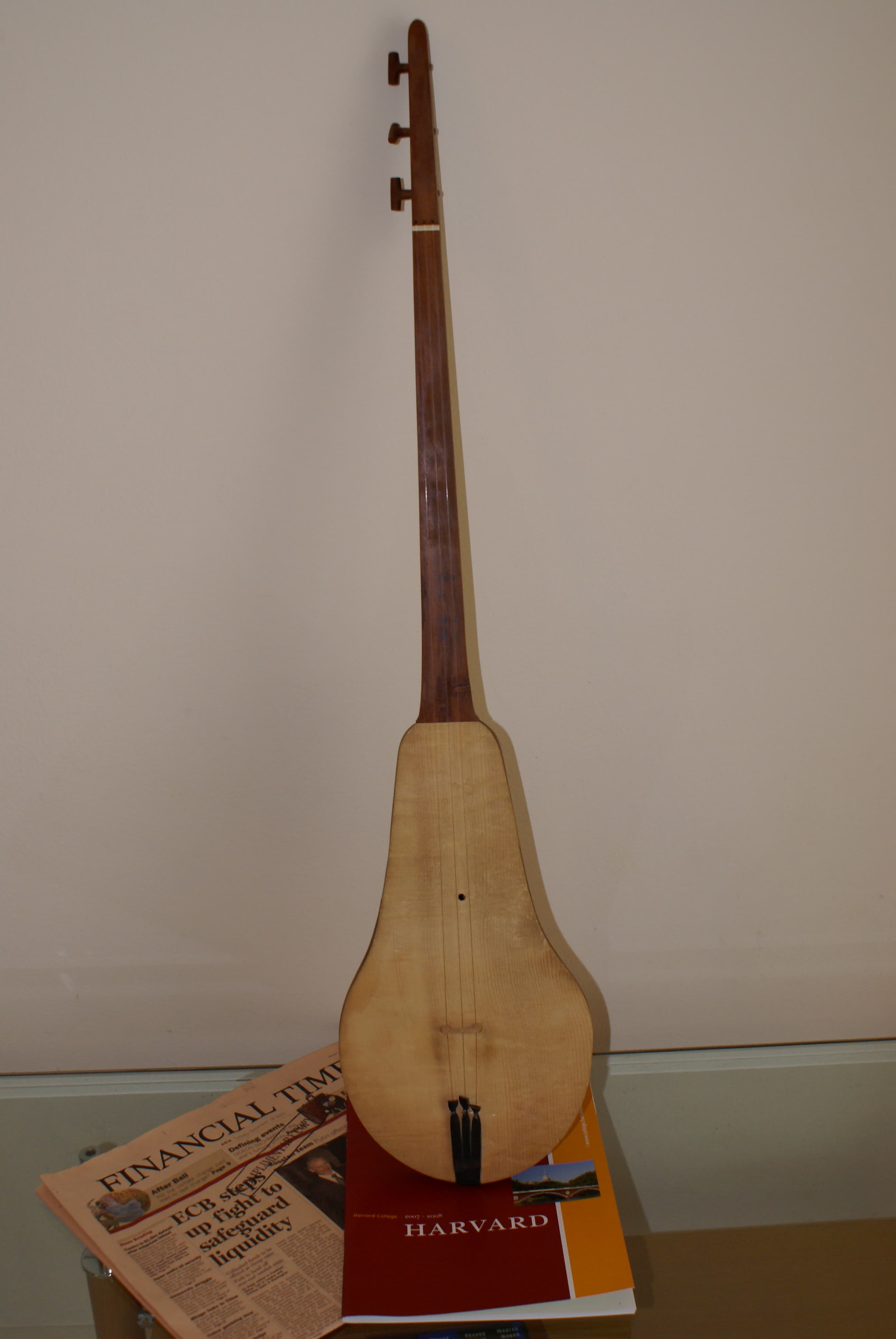A wooden komuz three-string lute held in a musician's hands