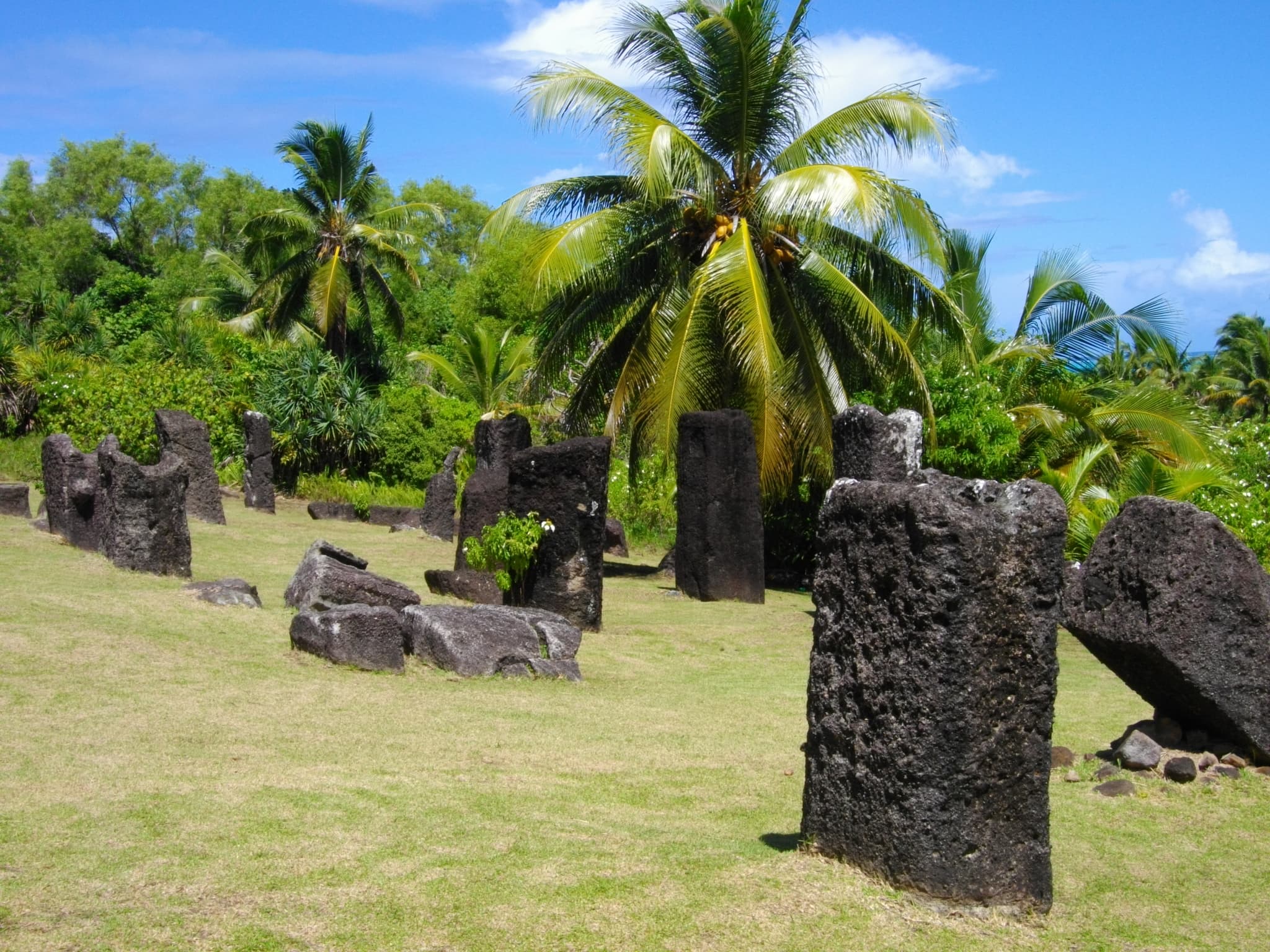 Large carved stone monoliths standing in the green jungle of Babeldaob island, Palau