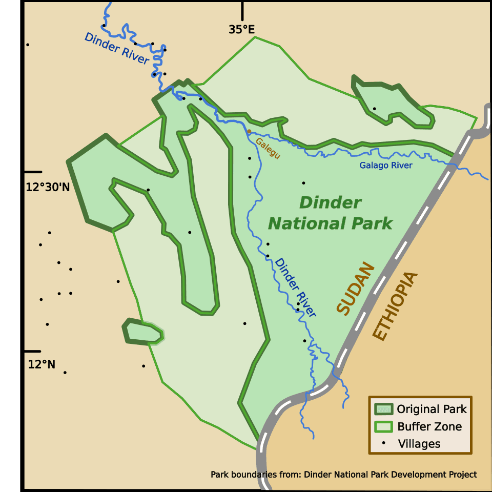 Lush green woodland and a seasonal pool in Dinder National Park, Sudan, with wading birds in the foreground